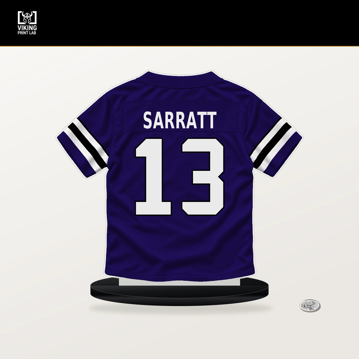 Elijah Sarratt number 13 Baltimore Ravens jersey stand with included black base.