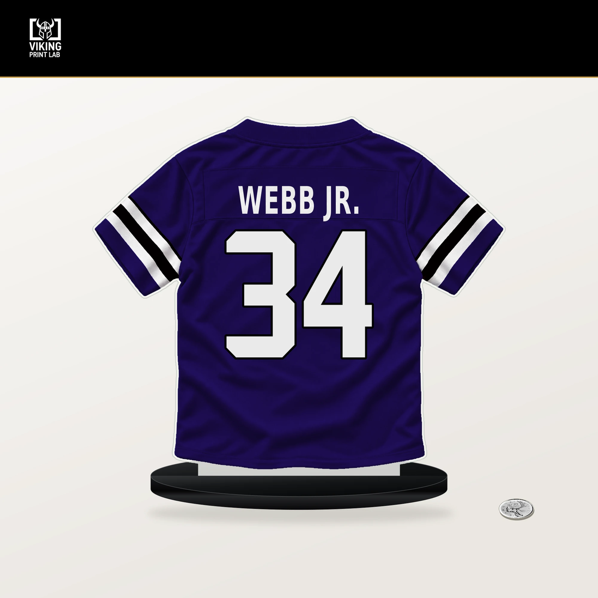 Lardarius Webb Jr. number 34 Baltimore Ravens jersey stand with included black base.