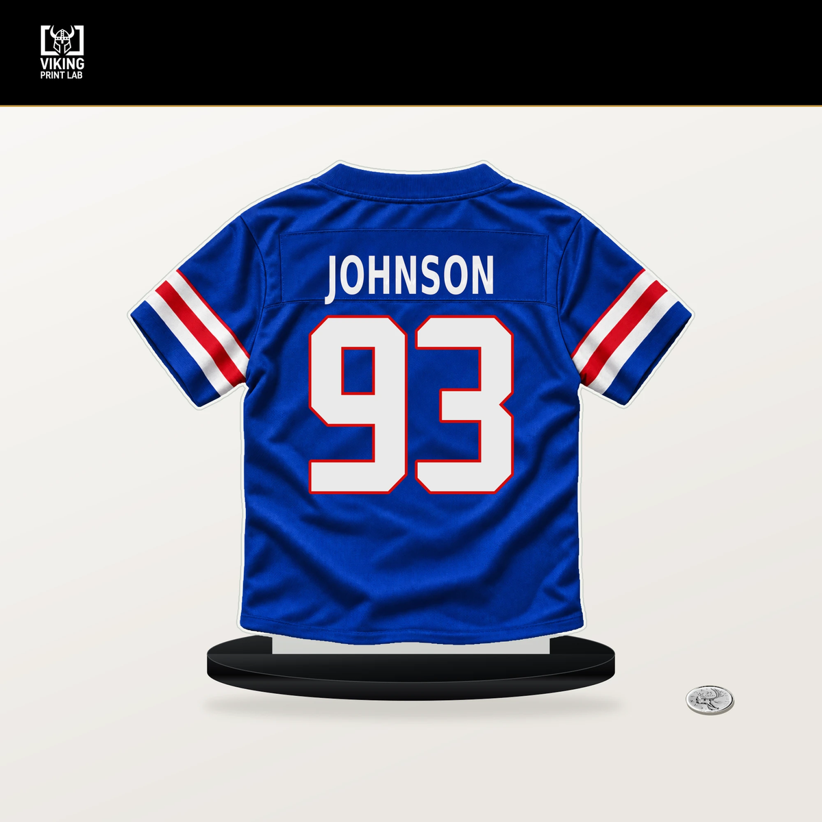 Austin Johnson number 93 Buffalo Bills jersey stand with included black base.