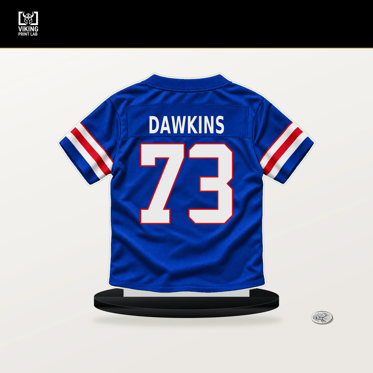 Dion Dawkins number 73 Buffalo Bills jersey stand with included black base.