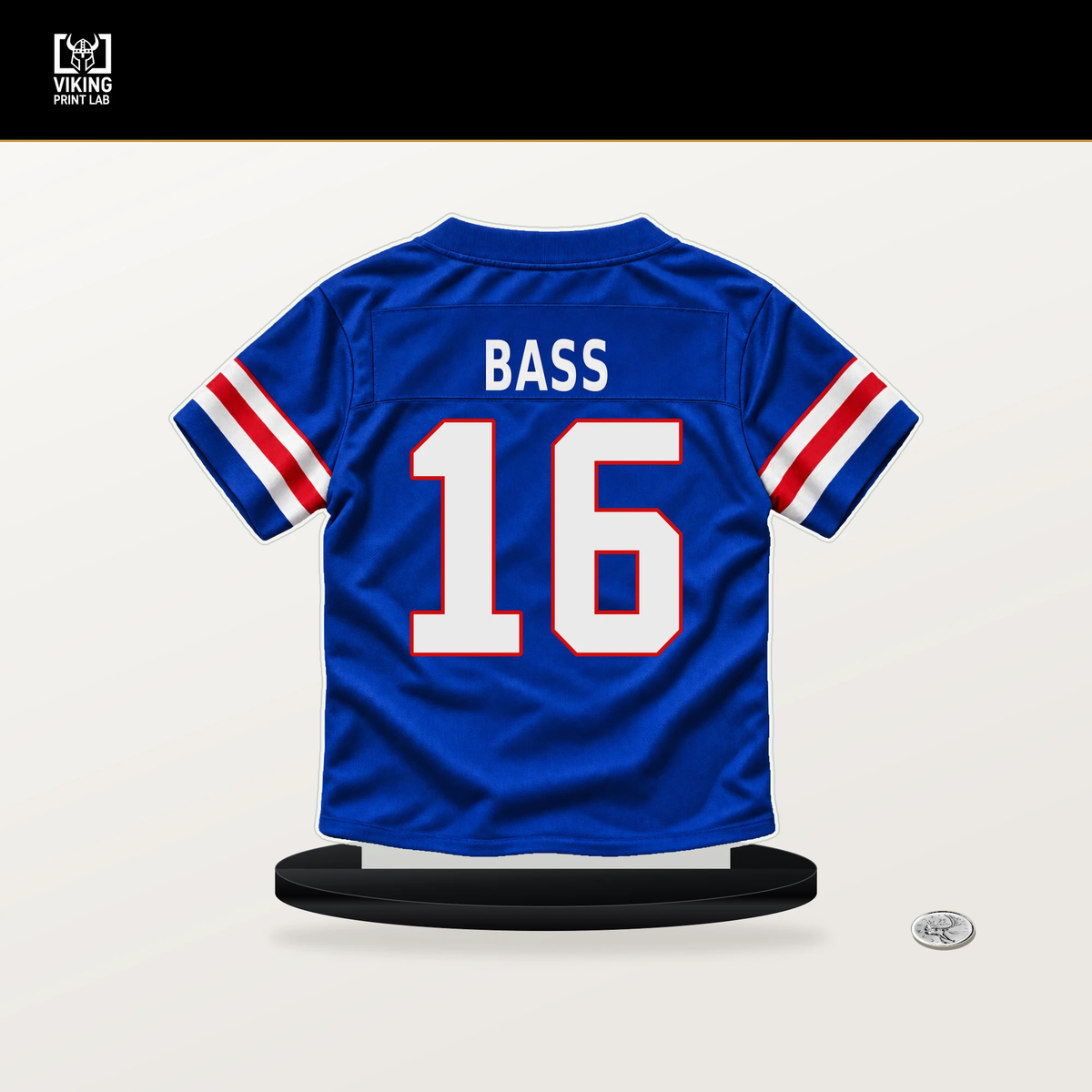 Tyler Bass number 16 Buffalo Bills jersey stand with included black base.