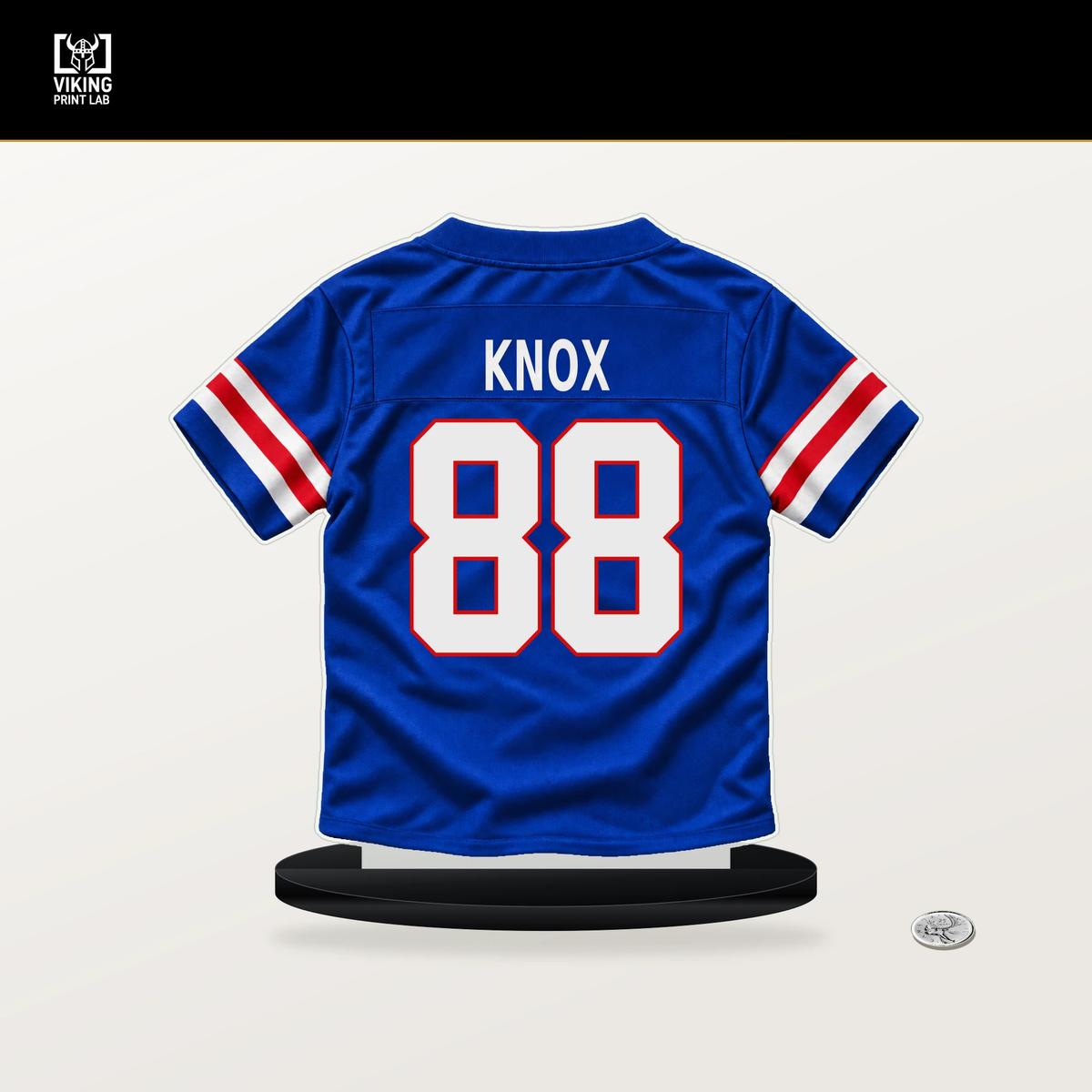 Dawson Knox number 88 Buffalo Bills jersey stand with included black base.