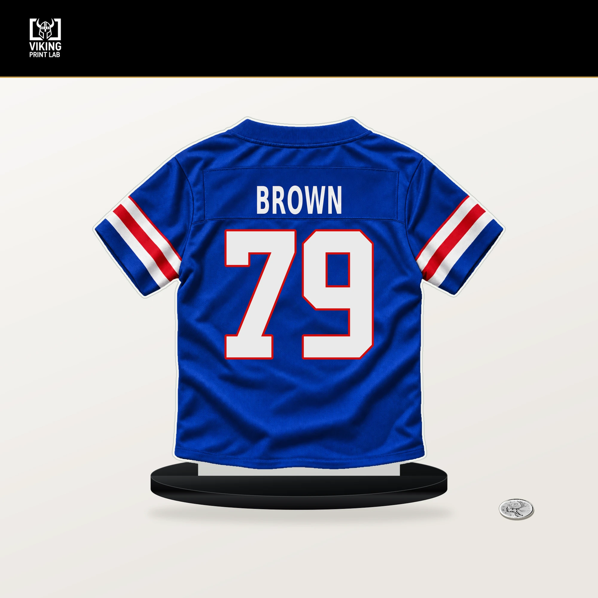 Spencer Brown number 79 Buffalo Bills jersey stand with included black base.