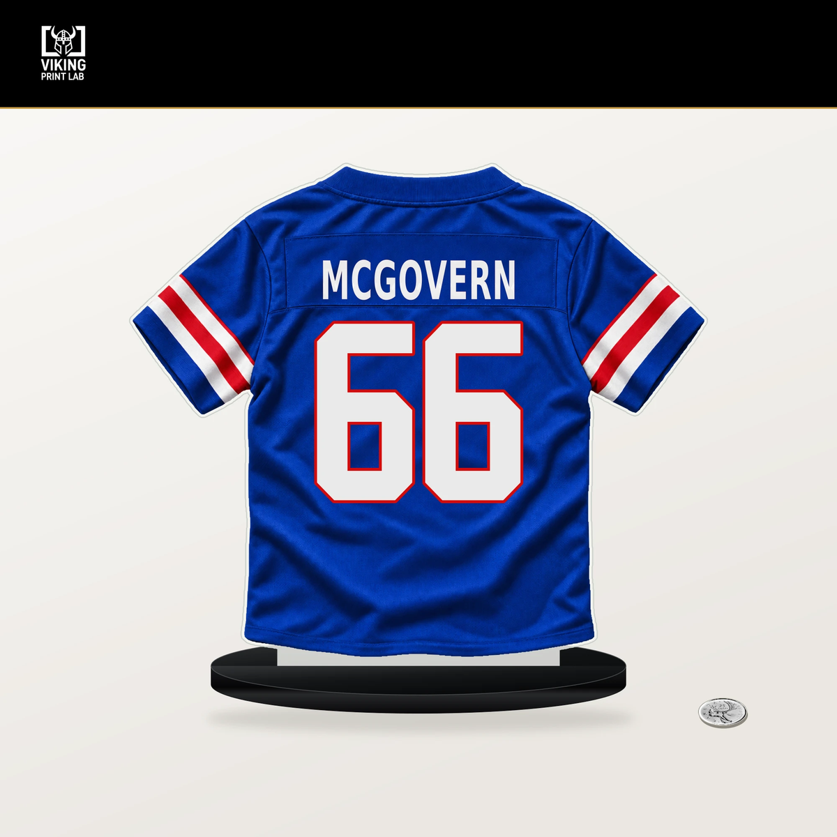 Connor McGovern number 66 Buffalo Bills jersey stand with included black base.
