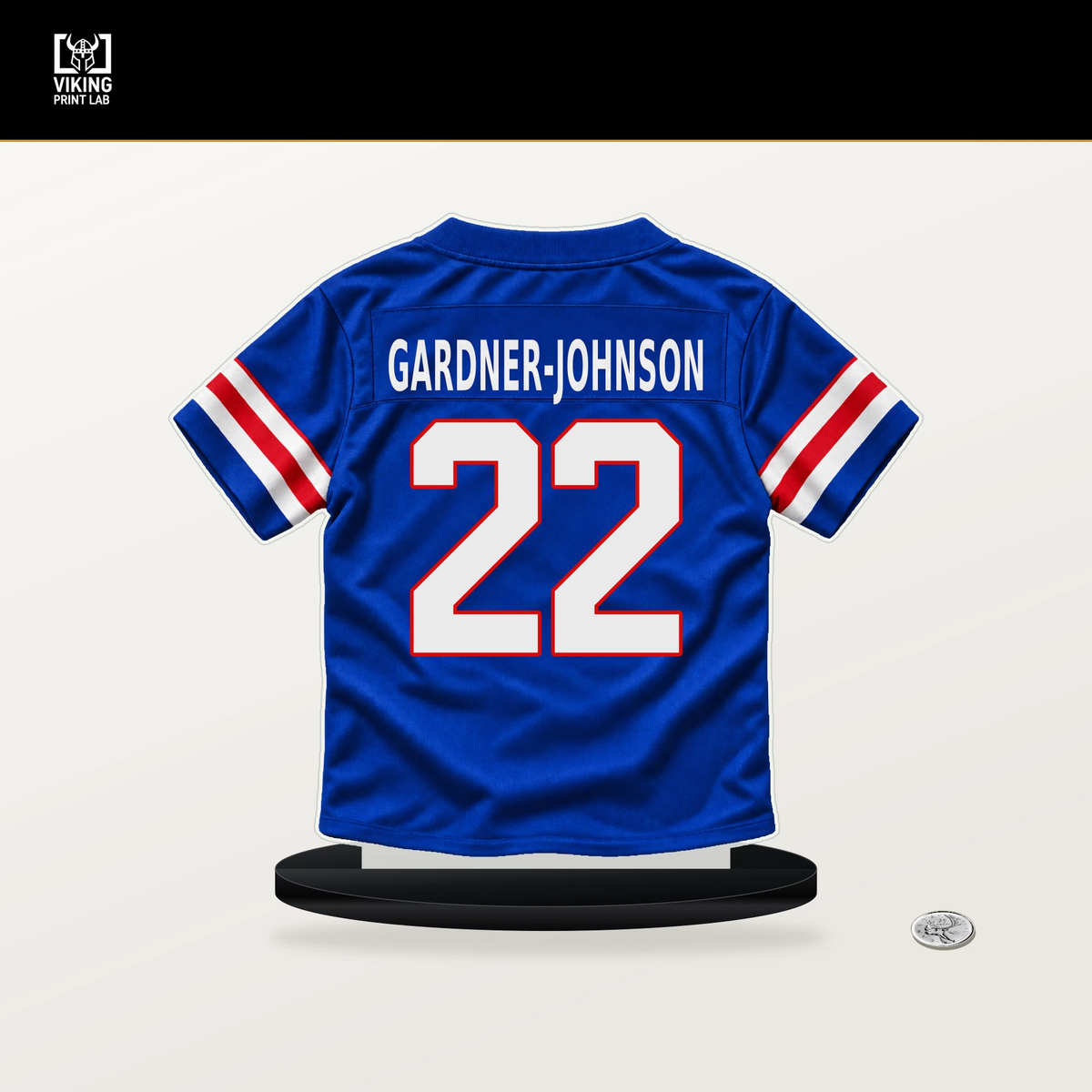 C.J. Gardner-Johnson number 22 Buffalo Bills jersey stand with included black base.
