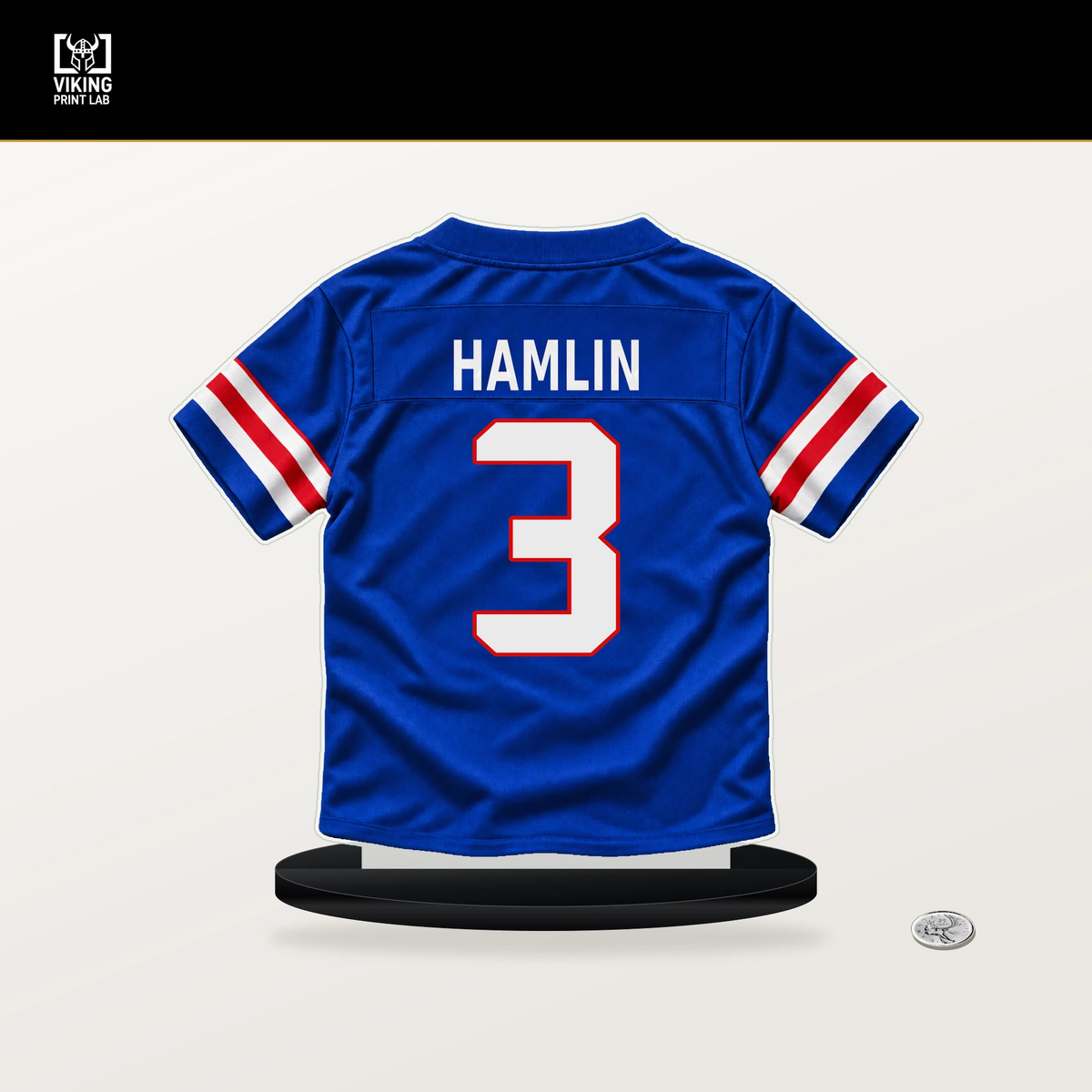 Damar Hamlin number 3 Buffalo Bills jersey stand with included black base.