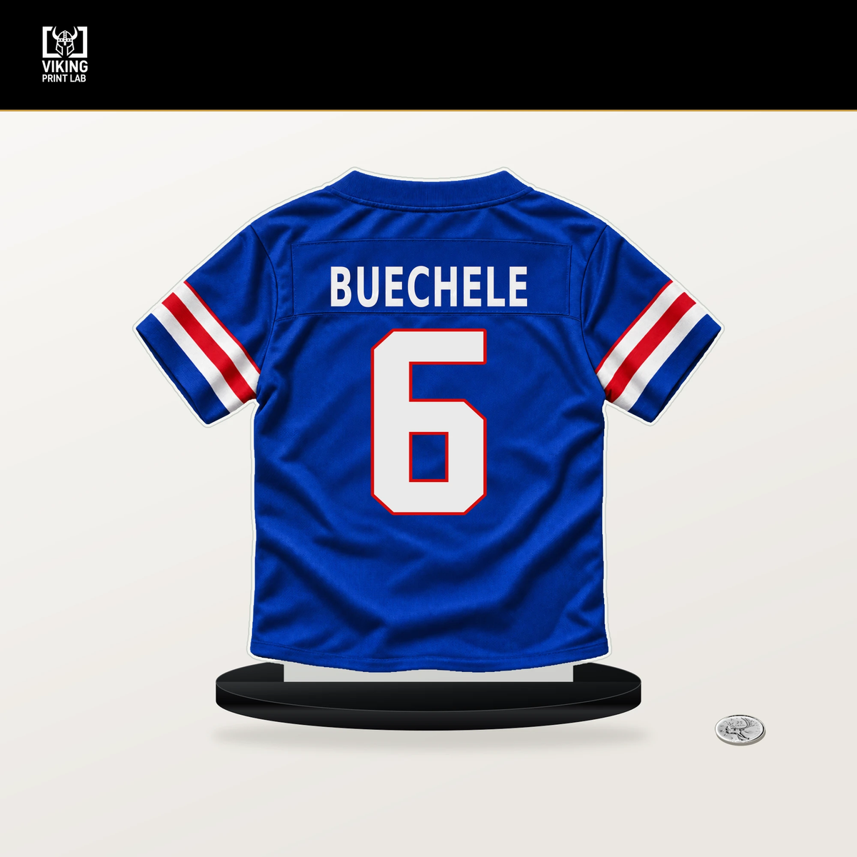 Shane Buechele number 6 Buffalo Bills jersey stand with included black base.