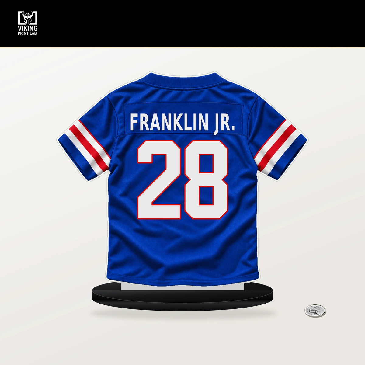Sam Franklin Jr. number 28 Buffalo Bills jersey stand with included black base.