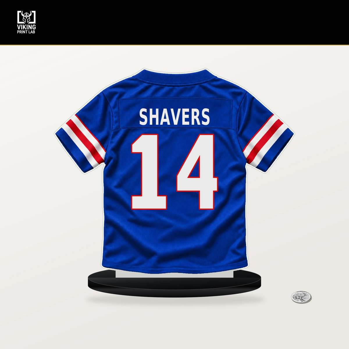 Tyrell Shavers number 14 Buffalo Bills jersey stand with included black base.