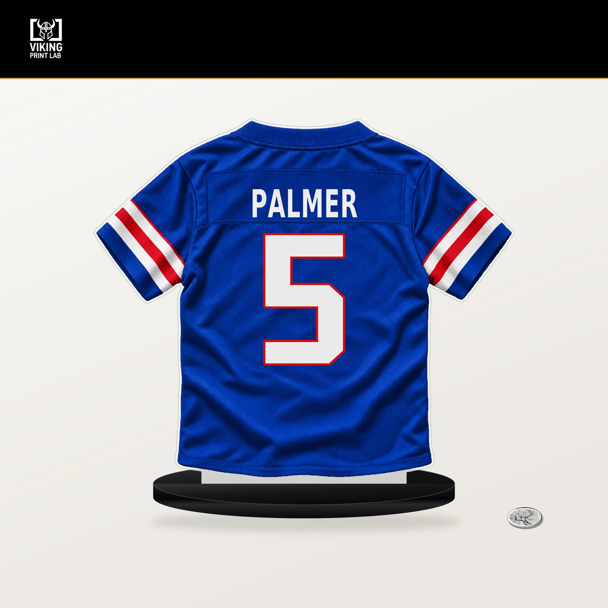 Joshua Palmer number 5 Buffalo Bills jersey stand with included black base.