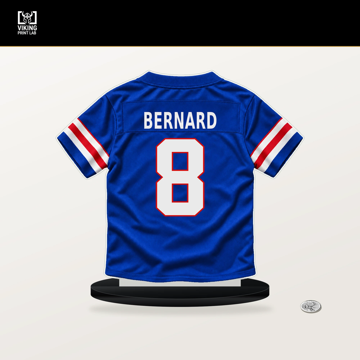 Terrel Bernard number 8 Buffalo Bills jersey stand with included black base.