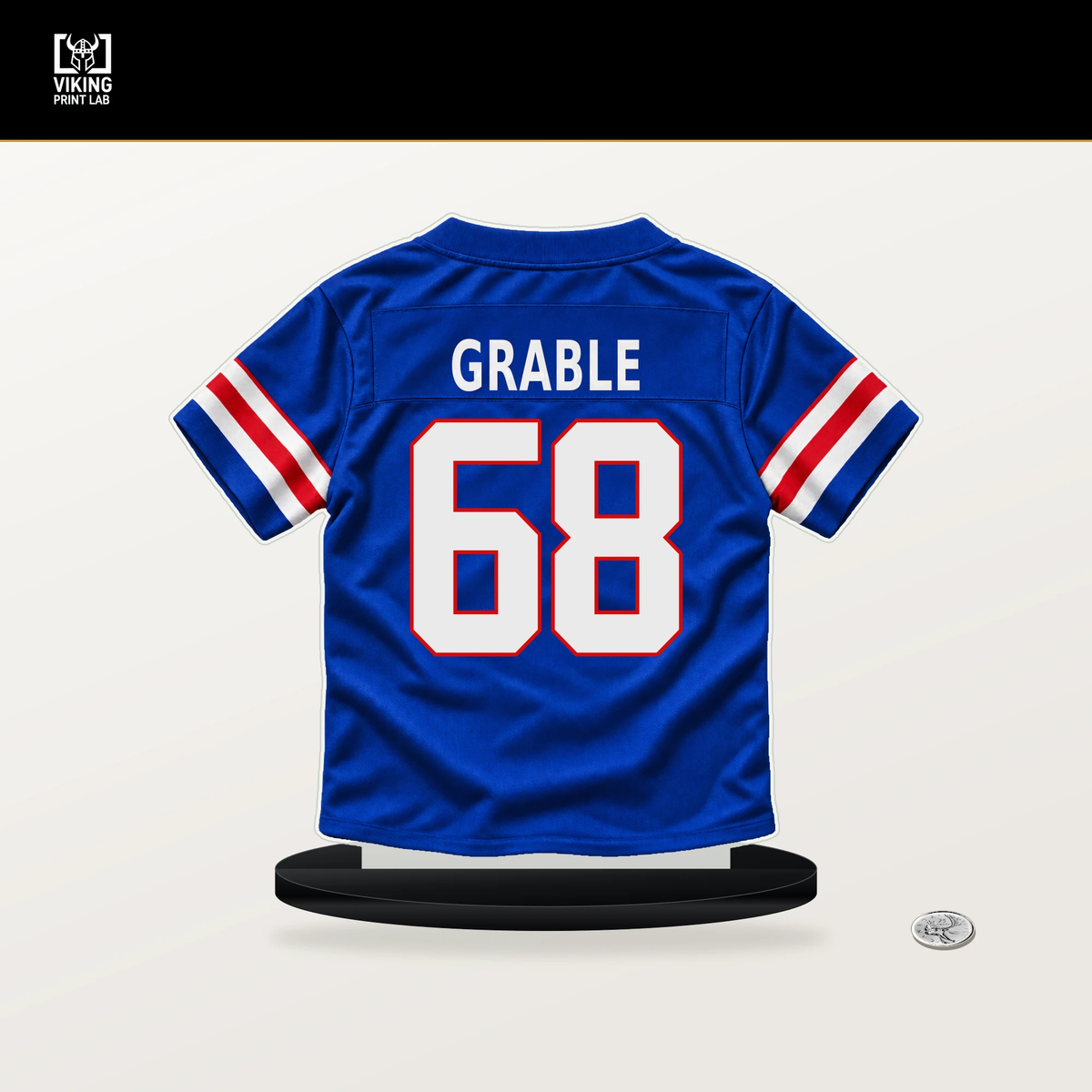Tylan Grable number 68 Buffalo Bills jersey stand with included black base.