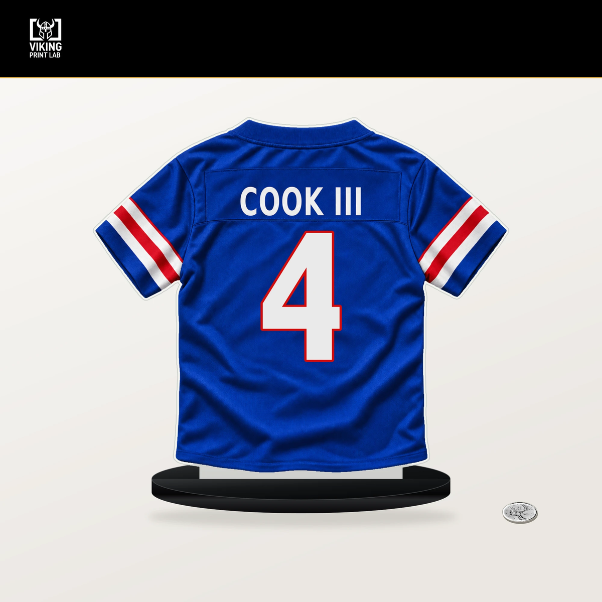 James Cook III number 4 Buffalo Bills jersey stand with included black base.