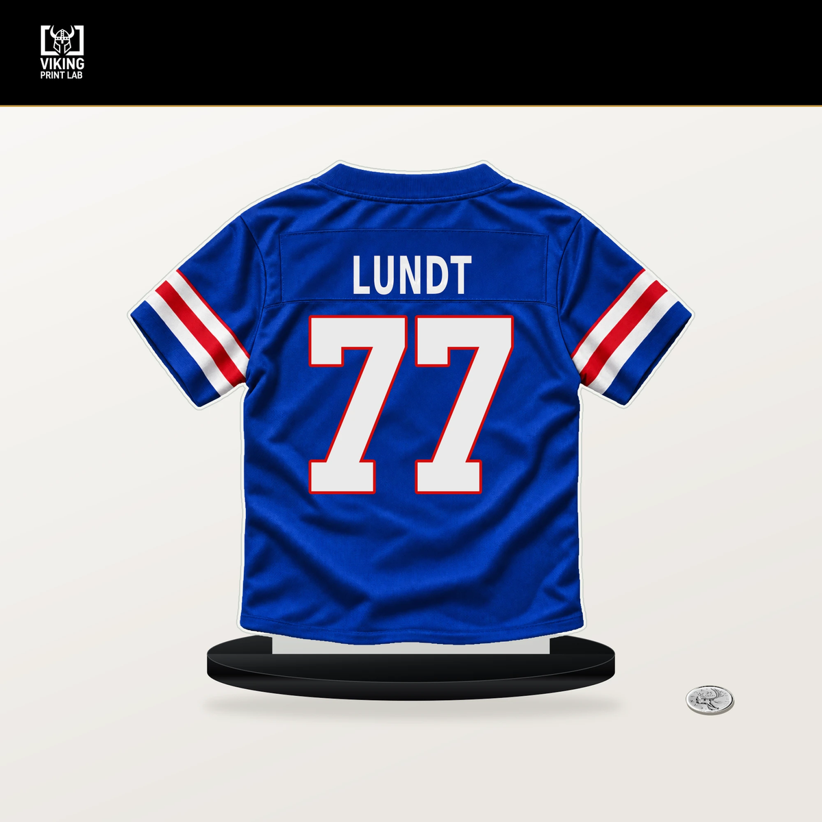 Chase Lundt number 77 Buffalo Bills jersey stand with included black base.
