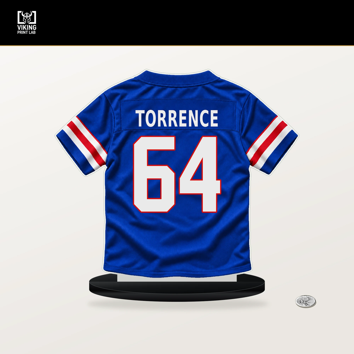 O'Cyrus Torrence number 64 Buffalo Bills jersey stand with included black base.