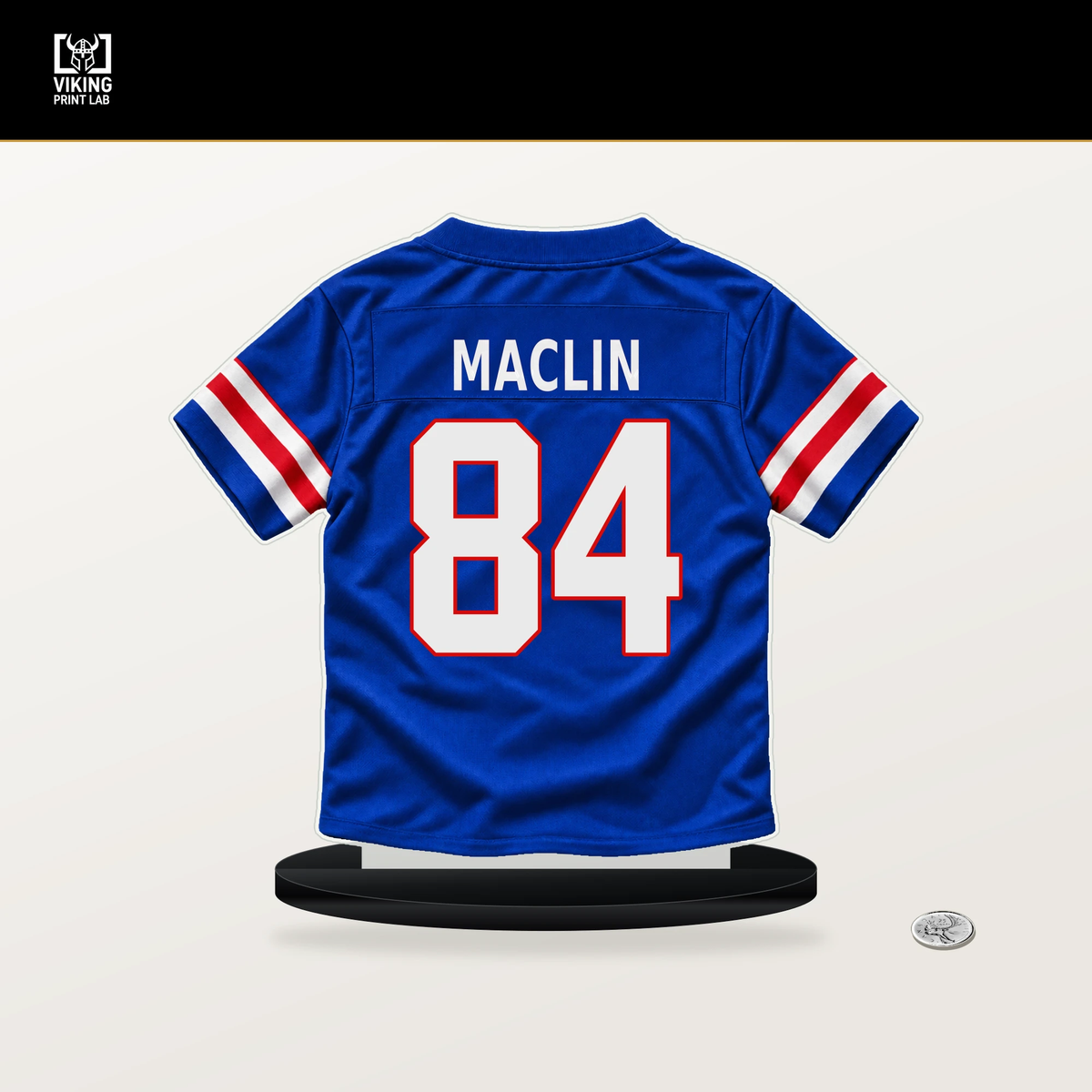 Ja'Mori Maclin number 84 Buffalo Bills jersey stand with included black base.