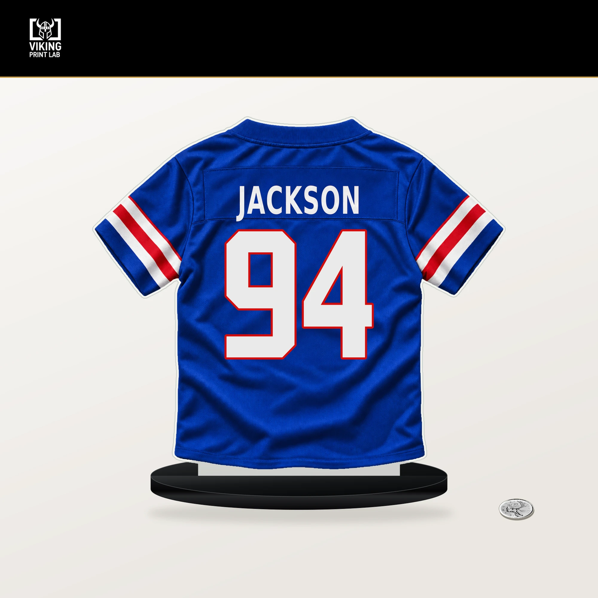 Landon Jackson number 94 Buffalo Bills jersey stand with included black base.