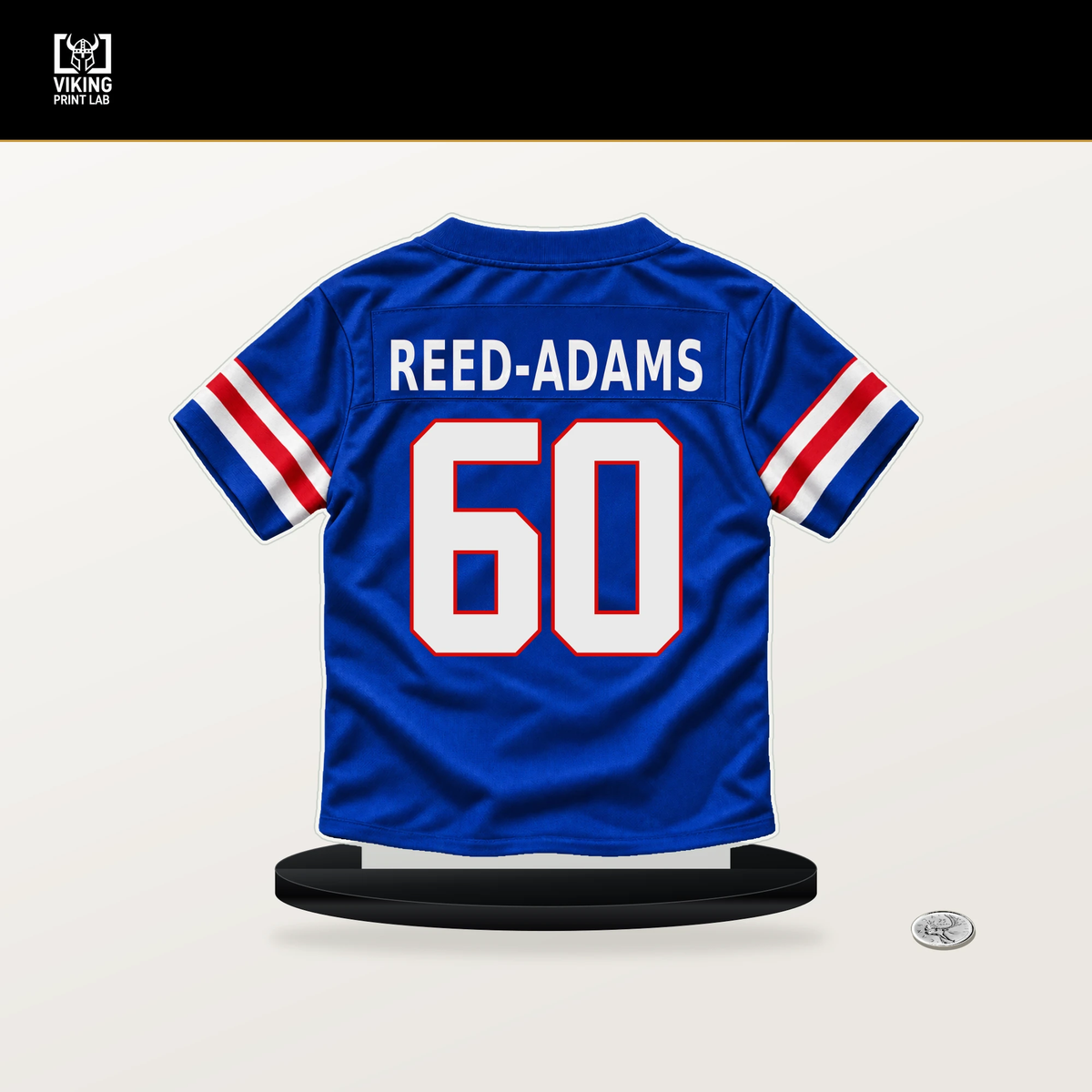 Ar'maj Reed-Adams number 60 Buffalo Bills jersey stand with included black base.