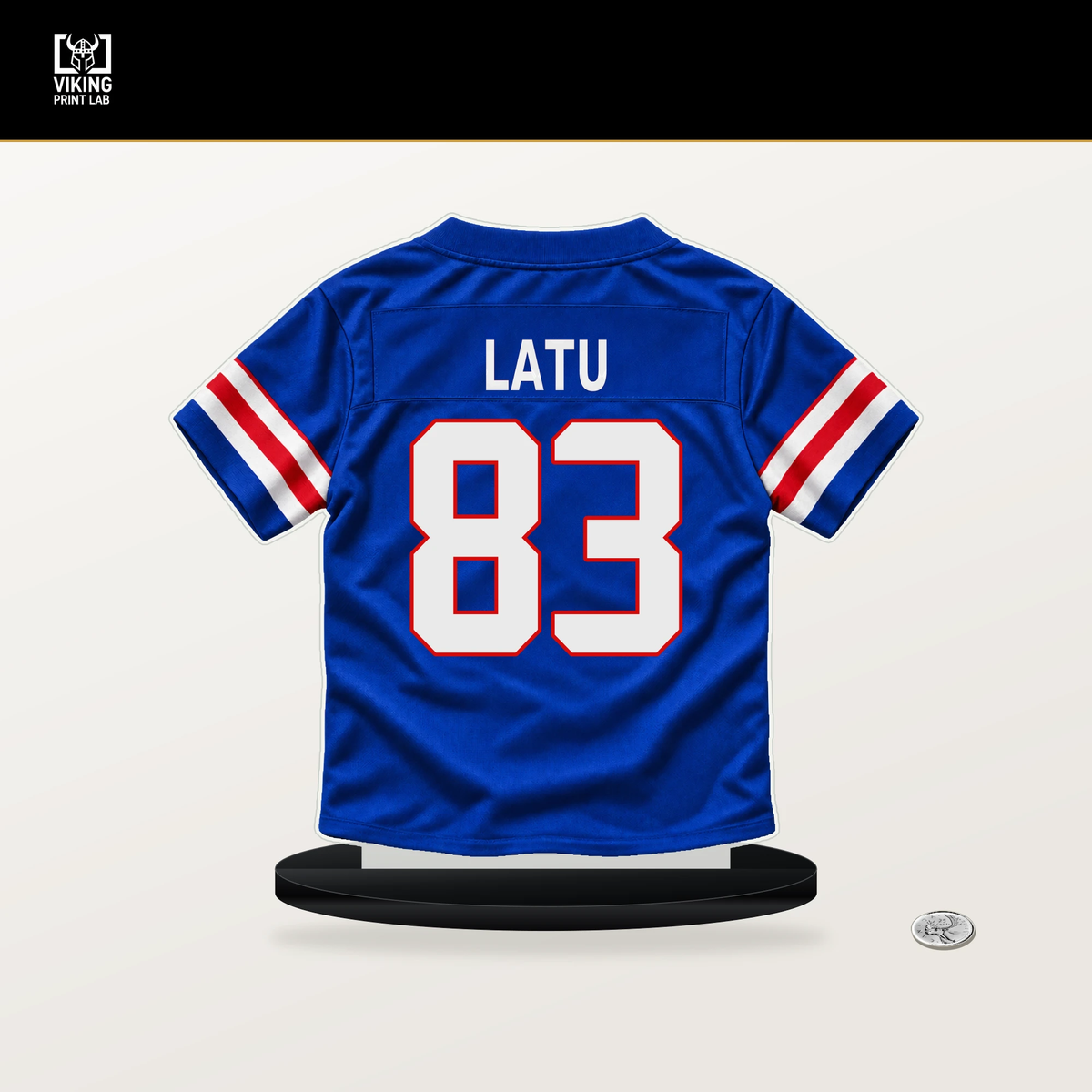 Keleki Latu number 83 Buffalo Bills jersey stand with included black base.