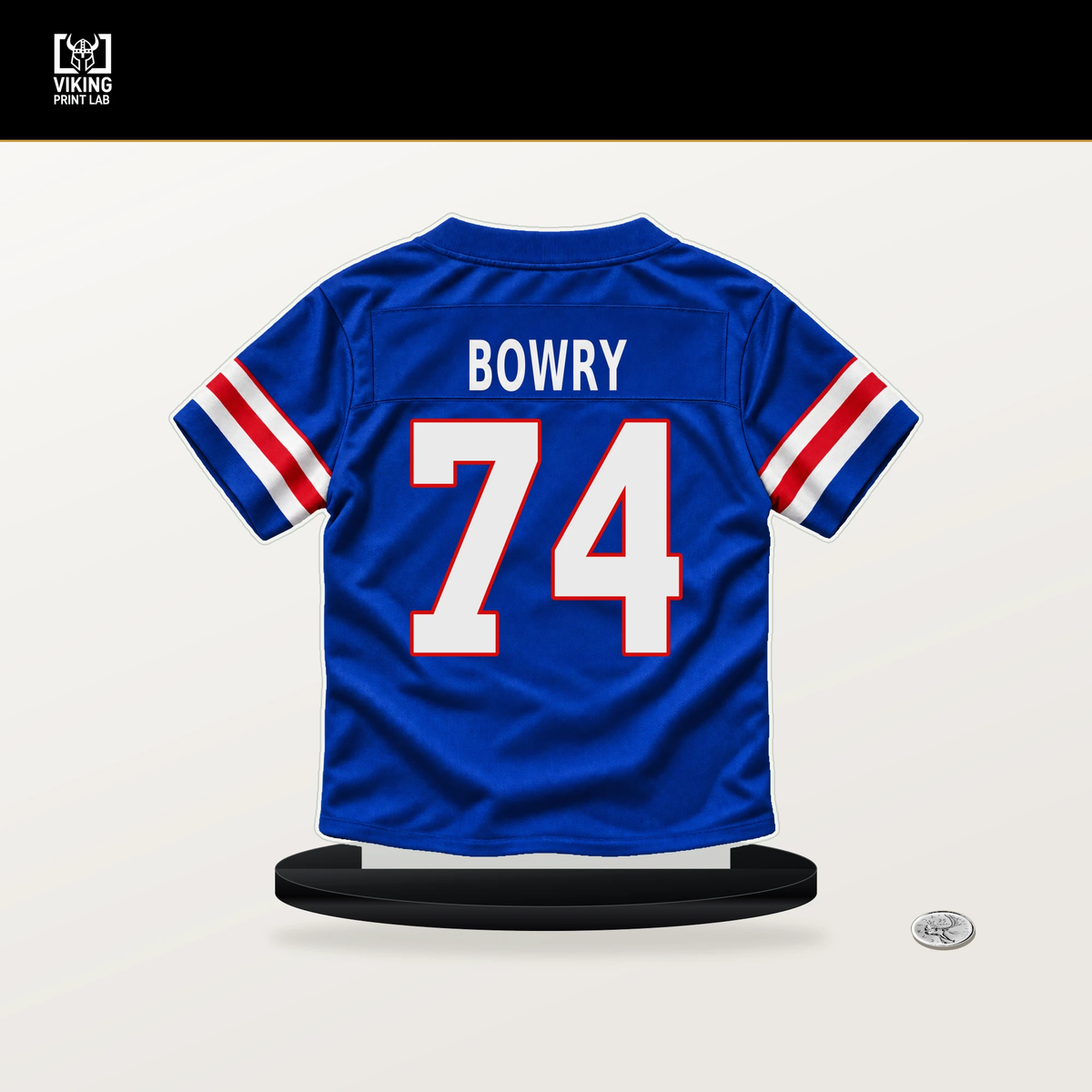 Jude Bowry number 74 Buffalo Bills jersey stand with included black base.