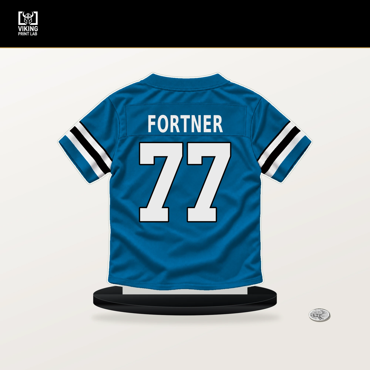 Luke Fortner number 77 Carolina Panthers jersey stand with included black base.