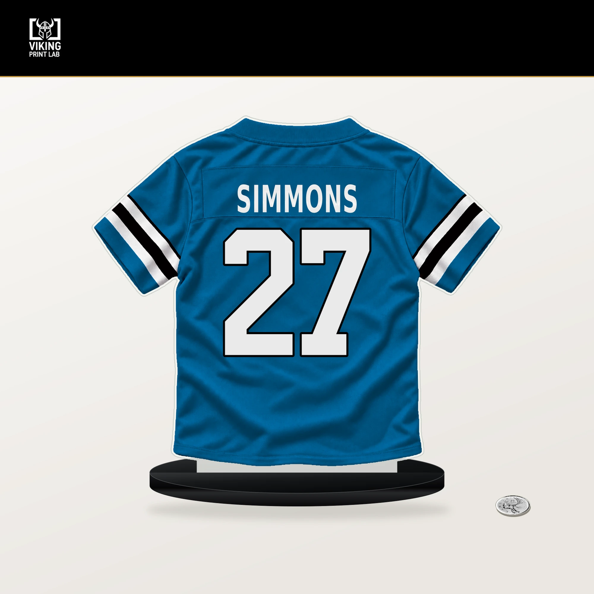 Isaiah Simmons number 27 Carolina Panthers jersey stand with included black base.