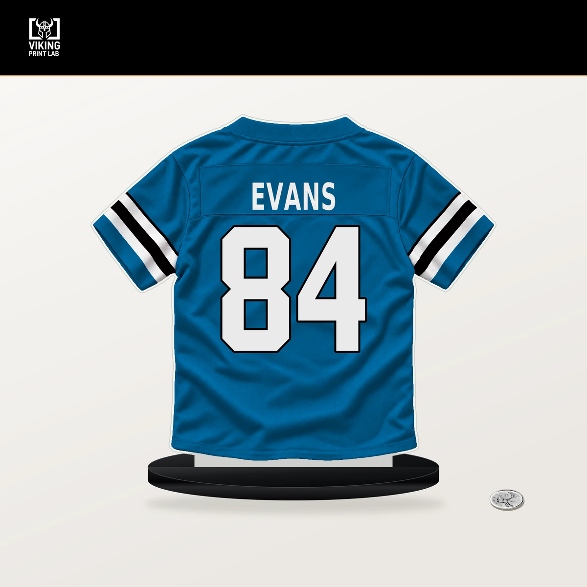 Mitchell Evans number 84 Carolina Panthers jersey stand with included black base.