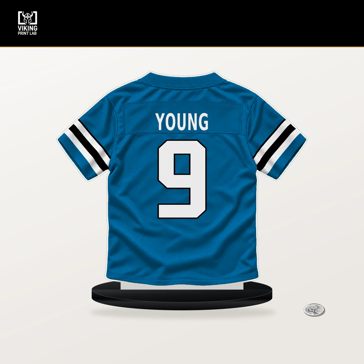 Bryce Young number 9 Carolina Panthers jersey stand with included black base.