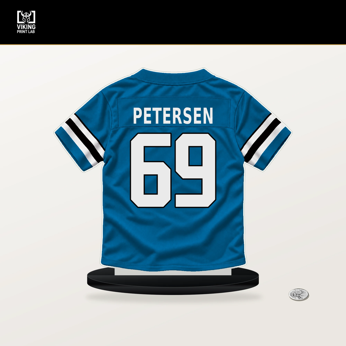 Parker Petersen number 69 Carolina Panthers jersey stand with included black base.