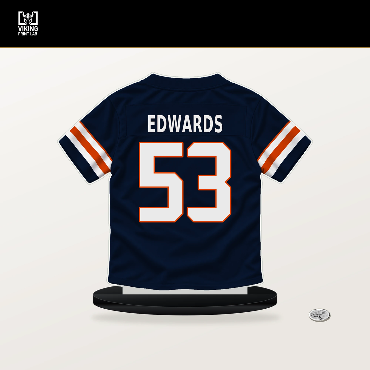 T.J. Edwards number 53 Chicago Bears jersey stand with included black base.