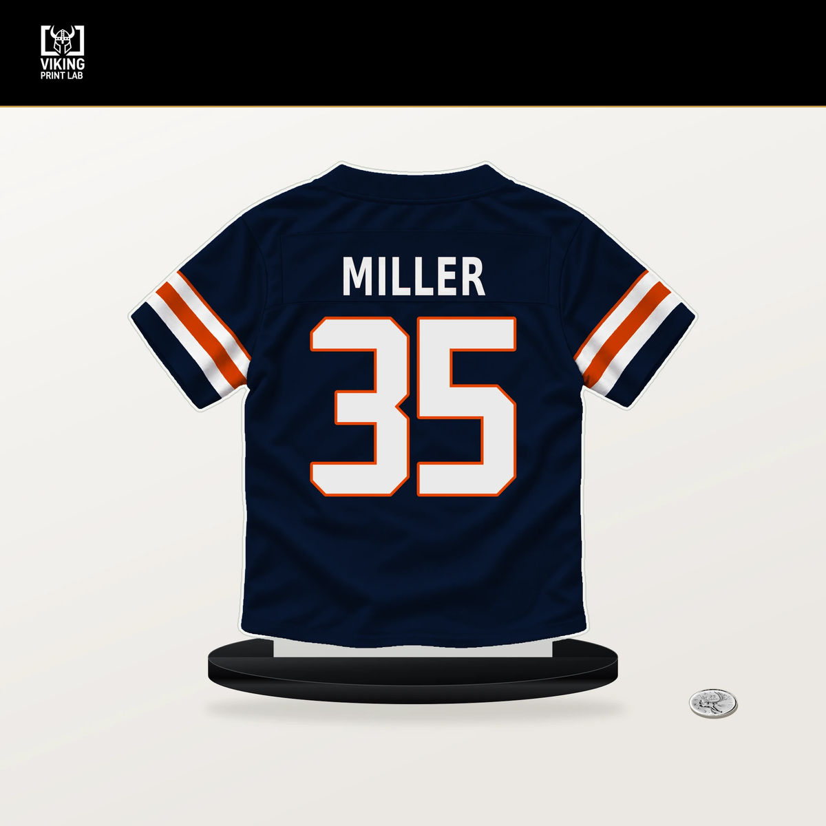 Scotty Miller number 35 Chicago Bears jersey stand with included black base.