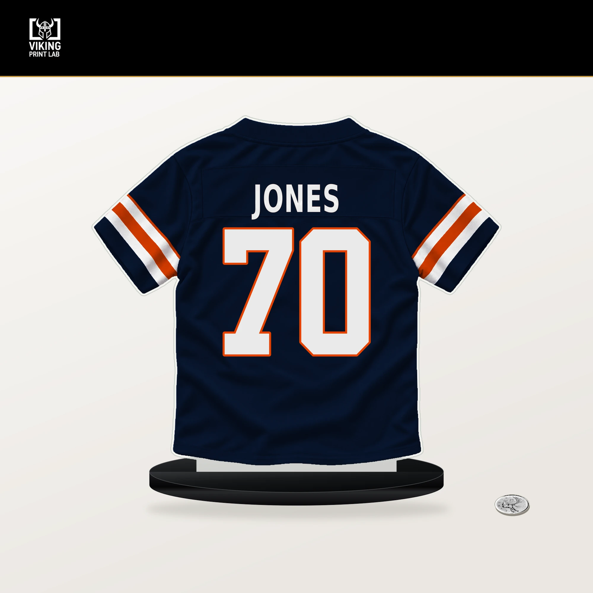 Braxton Jones number 70 Chicago Bears jersey stand with included black base.