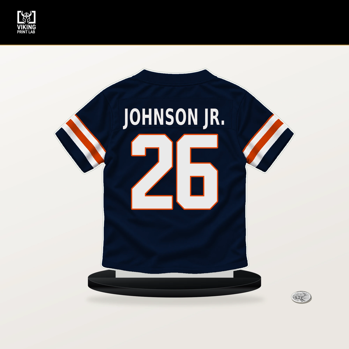 Anthony Johnson Jr. number 26 Chicago Bears jersey stand with included black base.