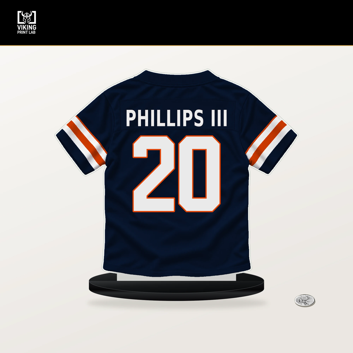 Clark Phillips III number 20 Chicago Bears jersey stand with included black base.