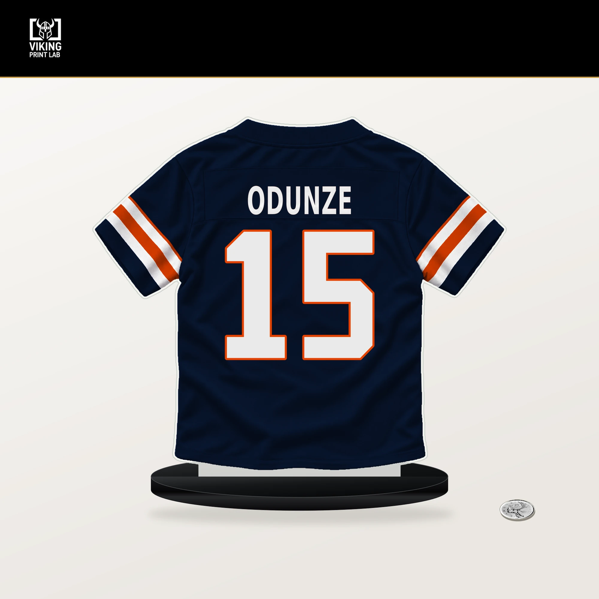 Rome Odunze number 15 Chicago Bears jersey stand with included black base.