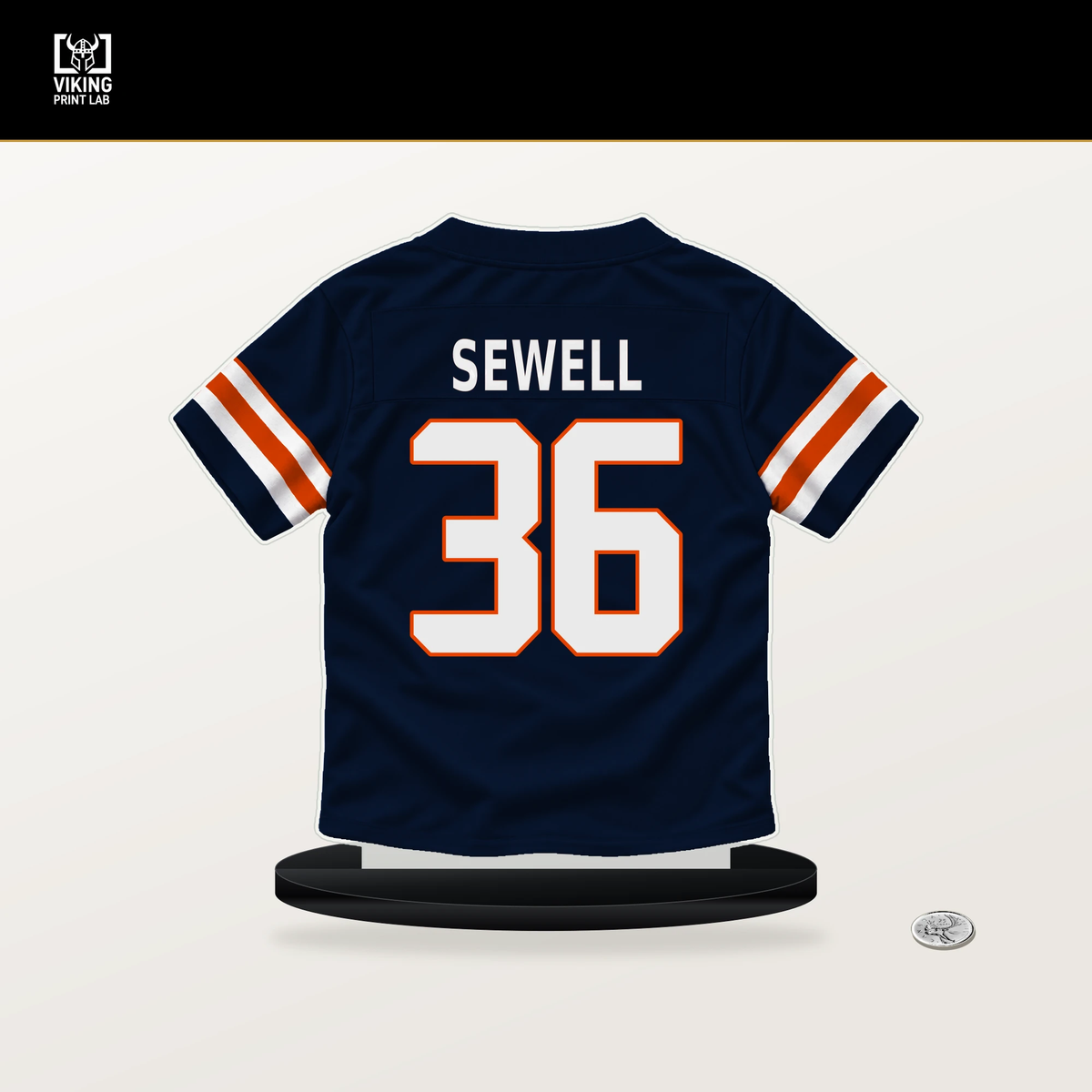Marlen Sewell number 36 Chicago Bears jersey stand with included black base.