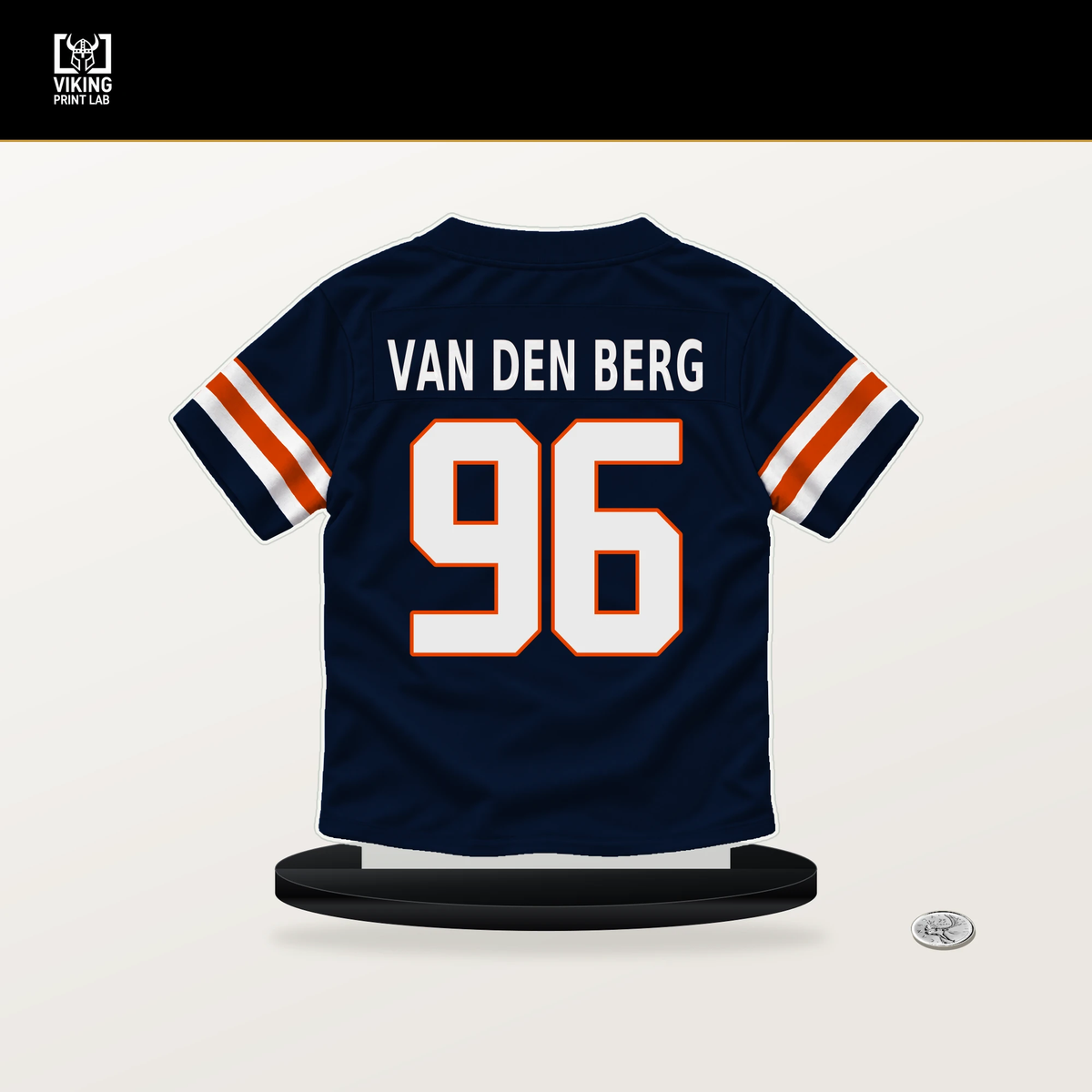 Jordan van den Berg number 96 Chicago Bears jersey stand with included black base.