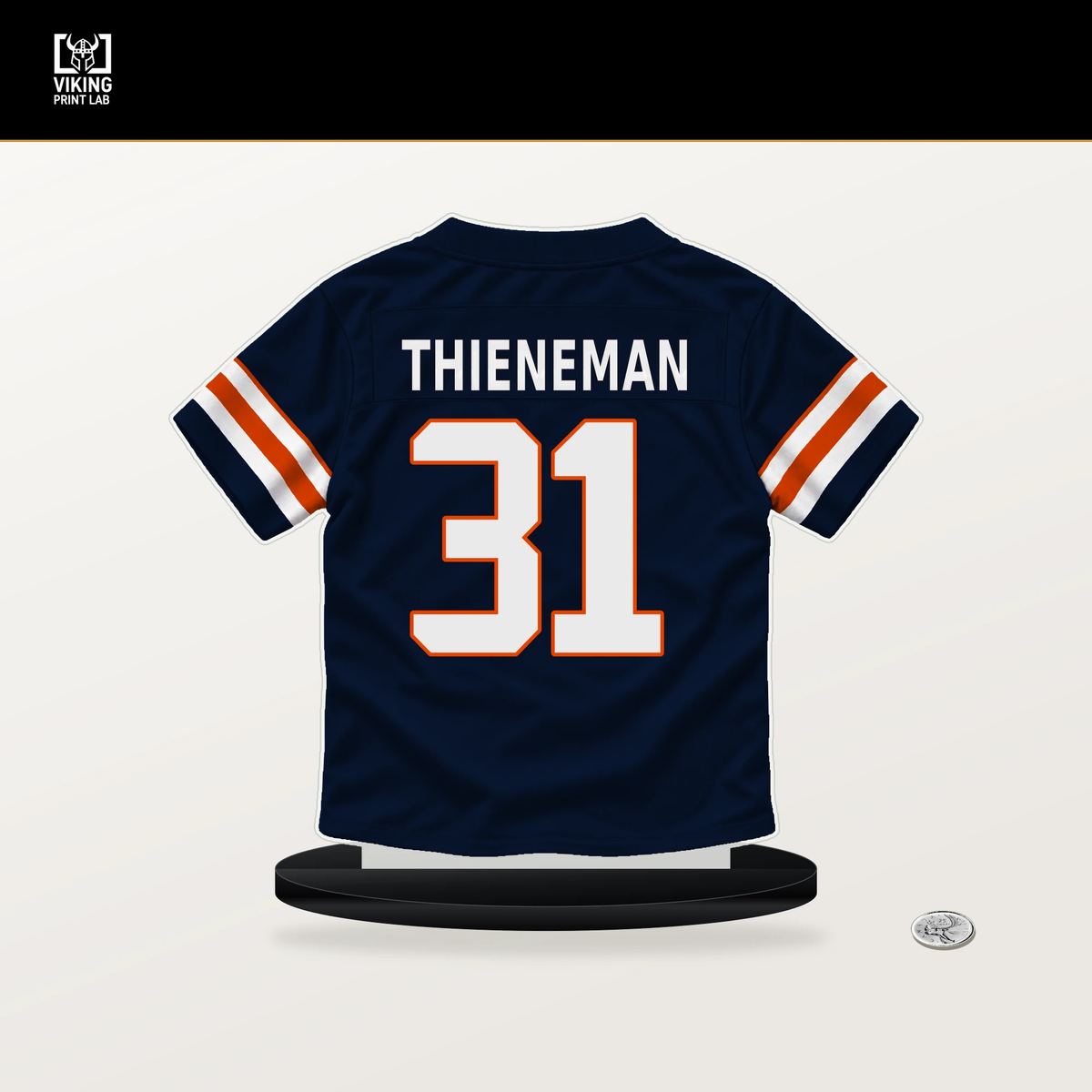 Dillon Thieneman number 31 Chicago Bears jersey stand with included black base.