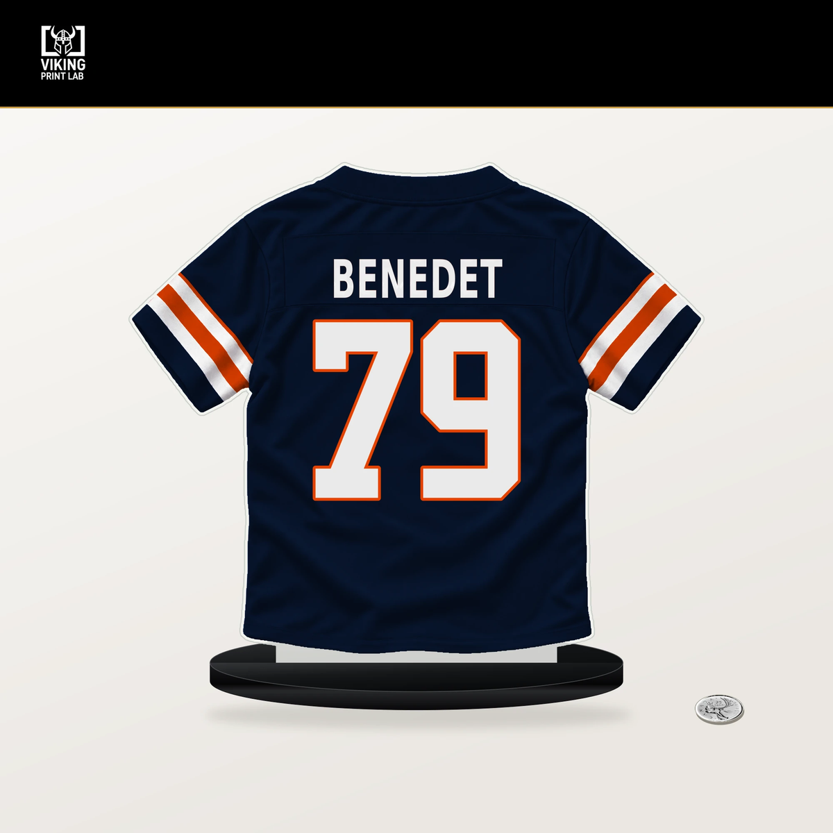Theo Benedet number 79 Chicago Bears jersey stand with included black base.