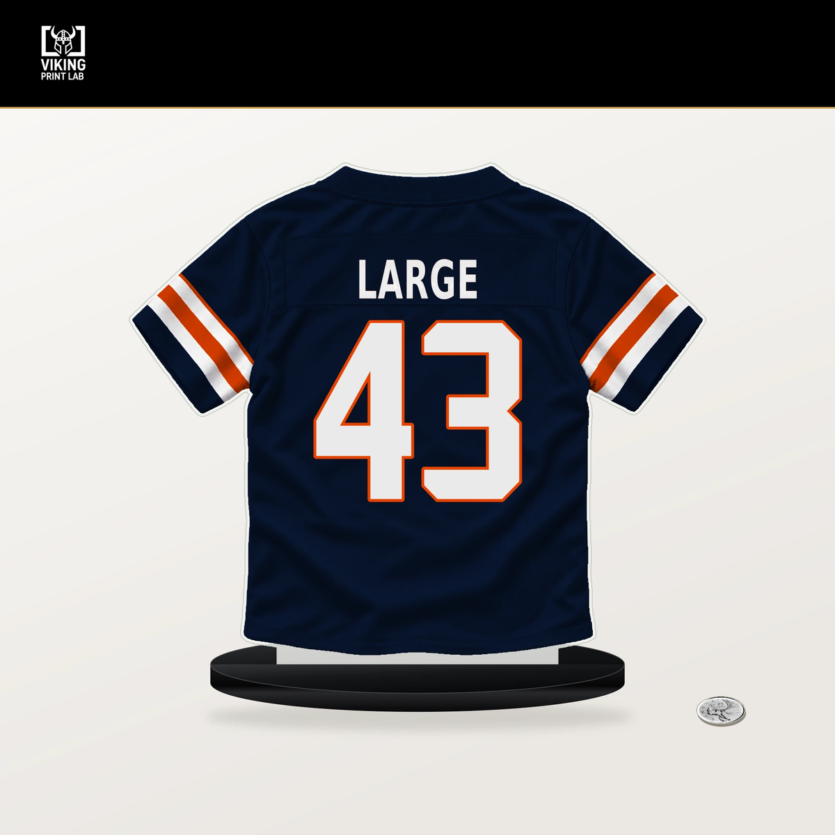 Hayden Large number 43 Chicago Bears jersey stand with included black base.