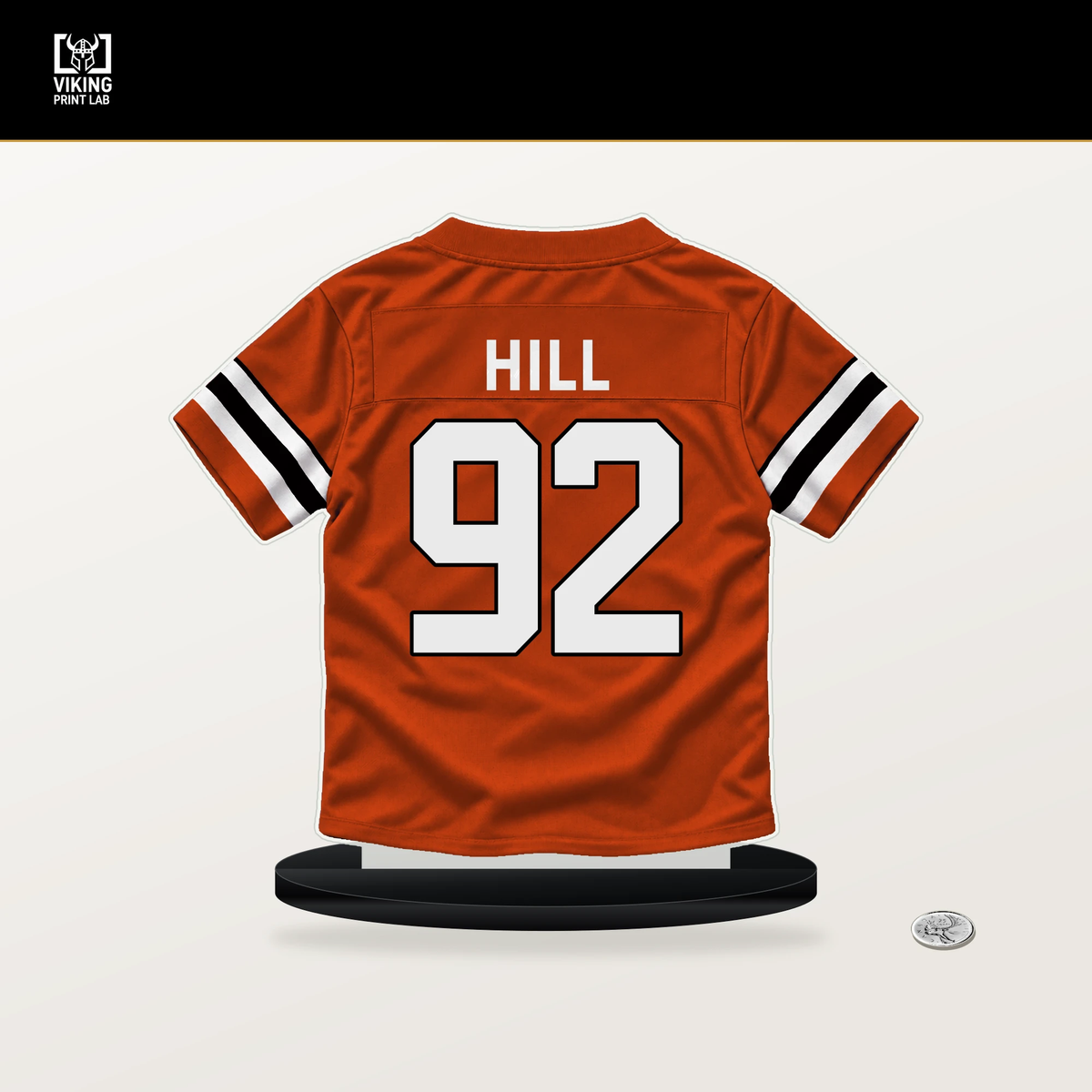 B.J. Hill number 92 Cincinnati Bengals jersey stand with included black base.