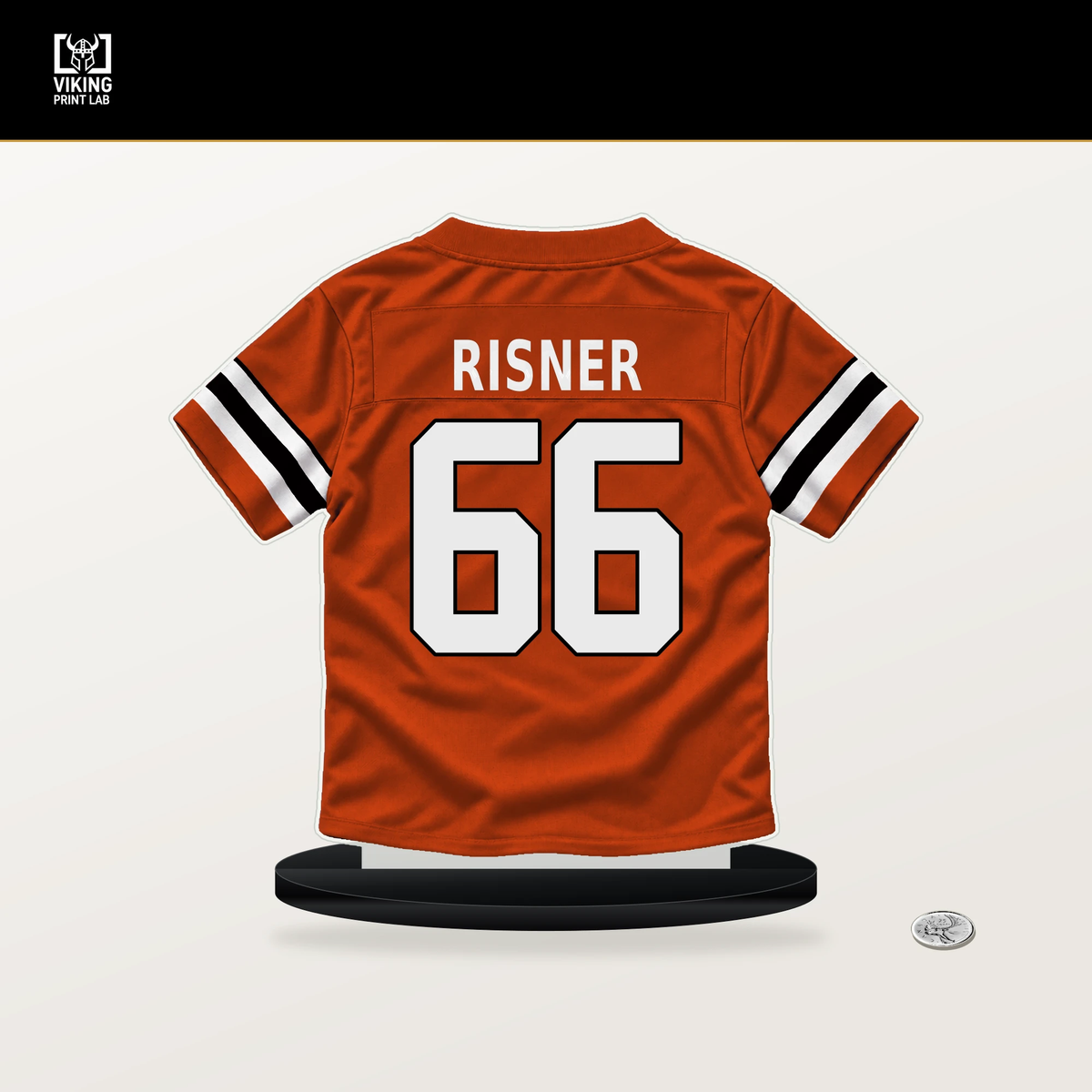 Dalton Risner number 66 Cincinnati Bengals jersey stand with included black base.