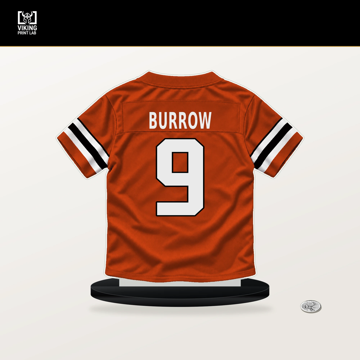 Joe Burrow number 9 Cincinnati Bengals jersey stand with included black base.
