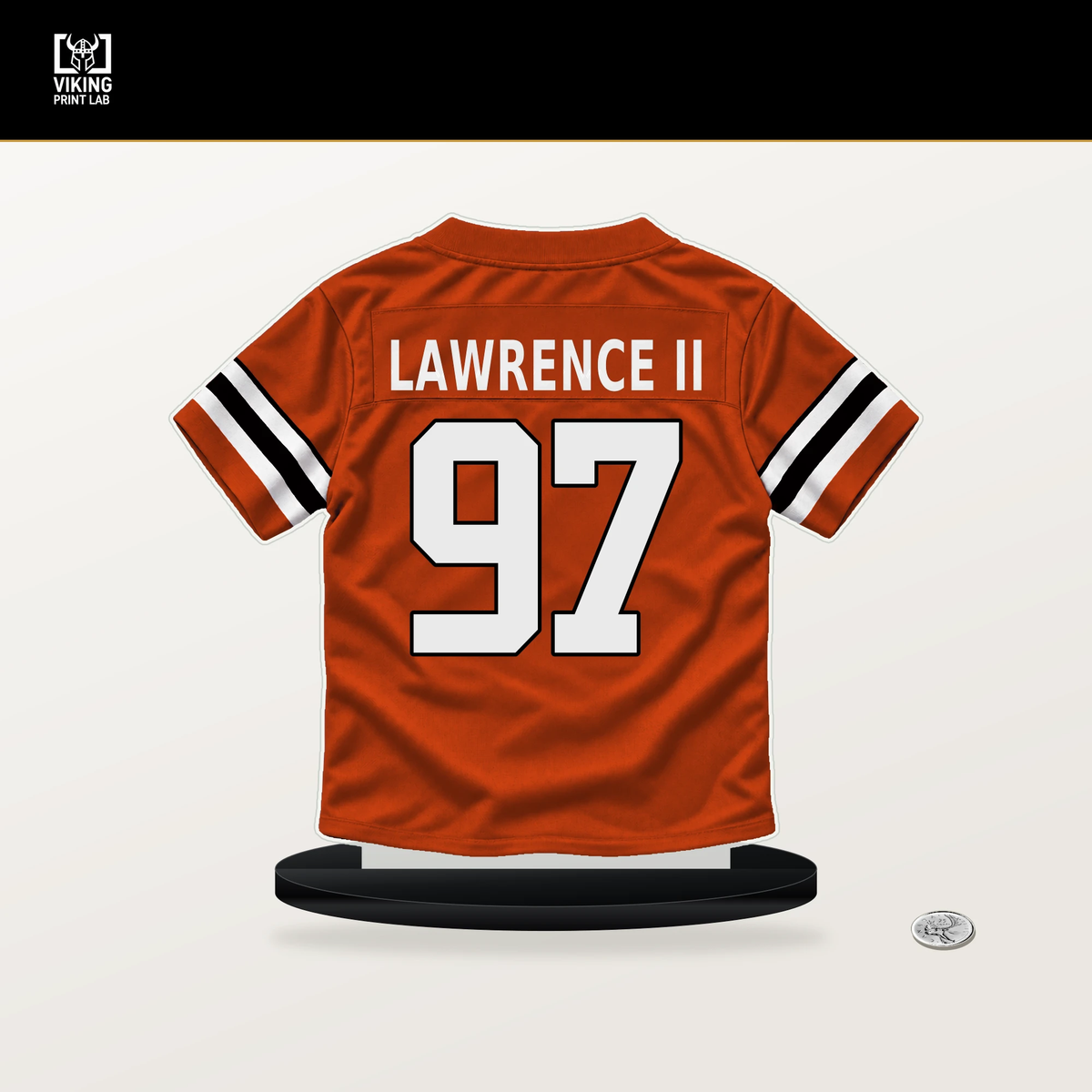 Dexter Lawrence II number 97 Cincinnati Bengals jersey stand with included black base.