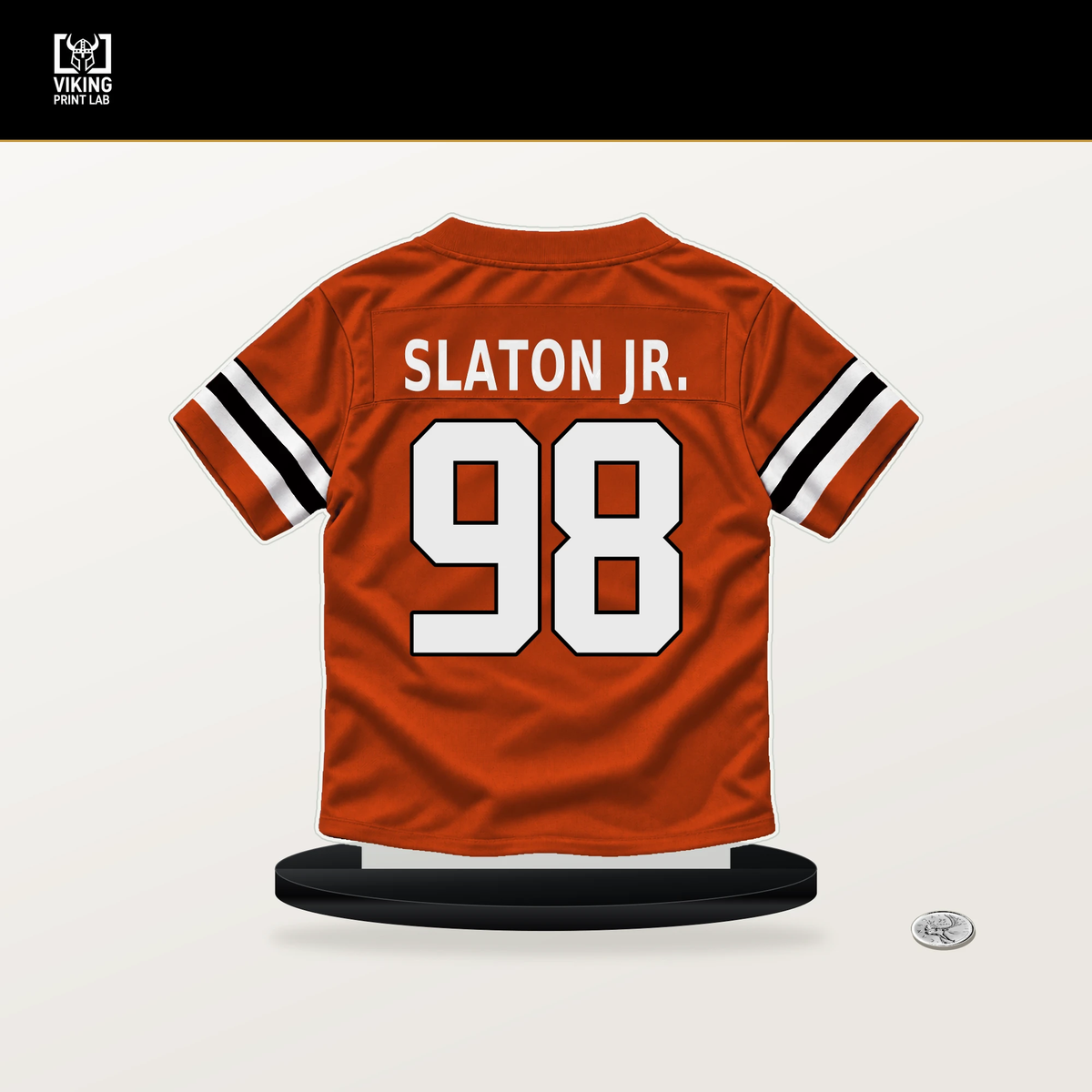 T.J. Slaton Jr. number 98 Cincinnati Bengals jersey stand with included black base.