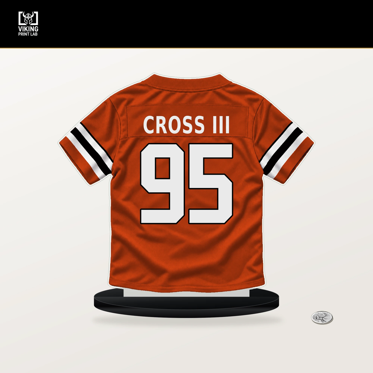 Howard Cross III number 95 Cincinnati Bengals jersey stand with included black base.