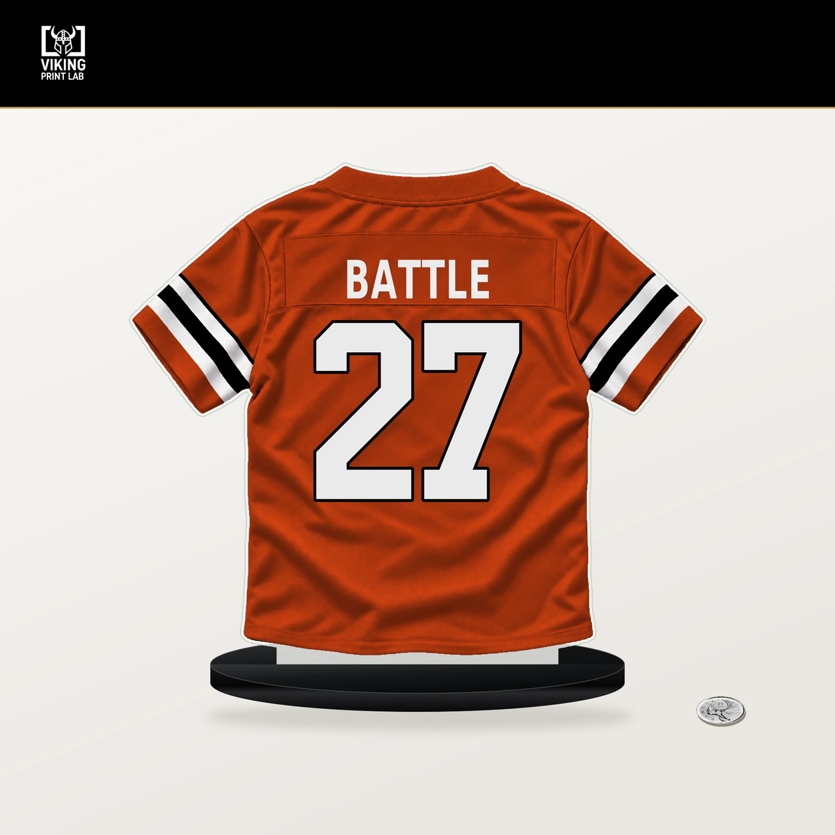 Jordan Battle number 27 Cincinnati Bengals jersey stand with included black base.