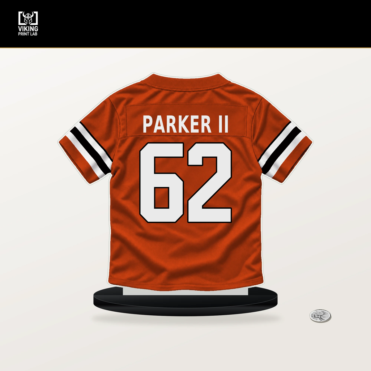 Brian Parker II number 62 Cincinnati Bengals jersey stand with included black base.