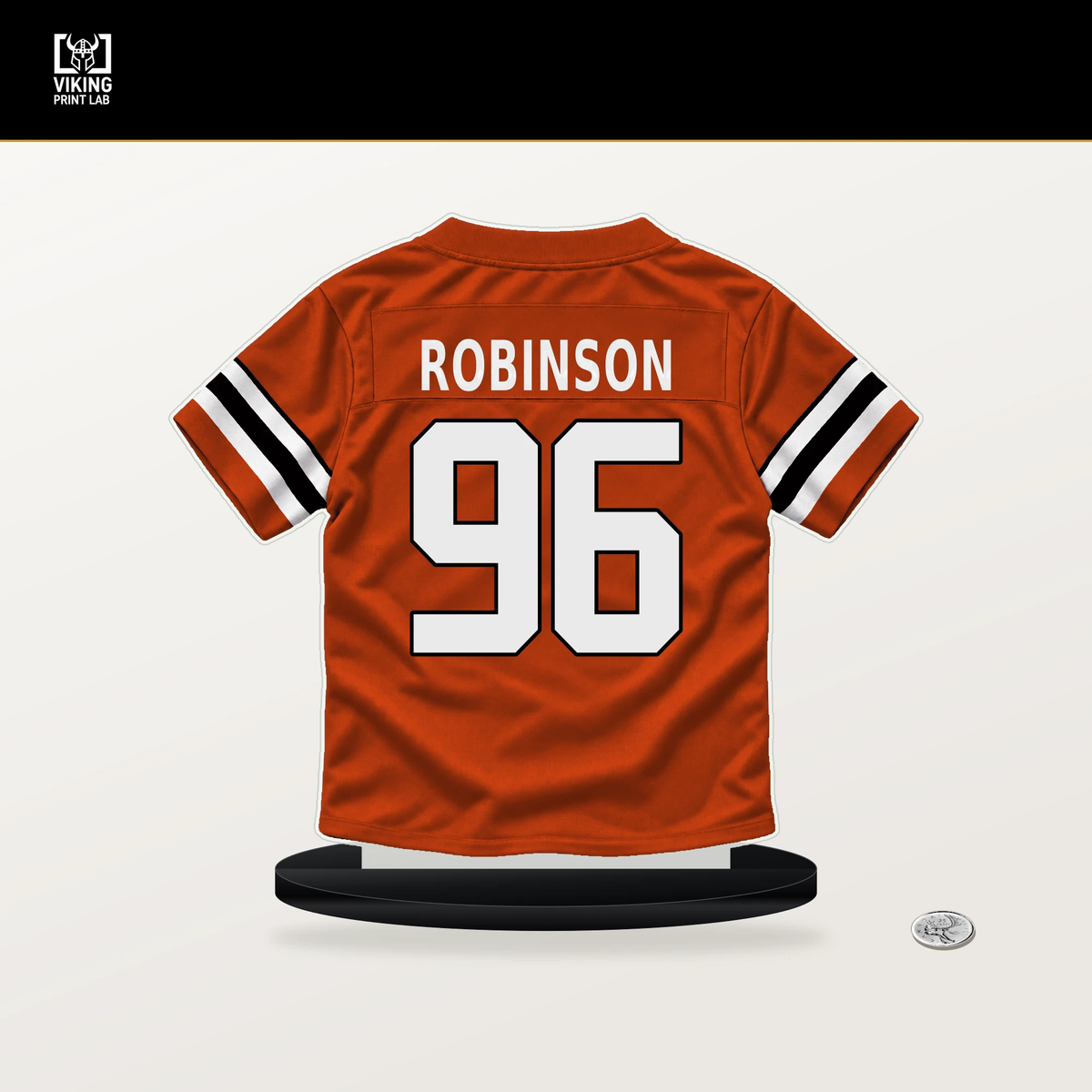 Landon Robinson number 96 Cincinnati Bengals jersey stand with included black base.