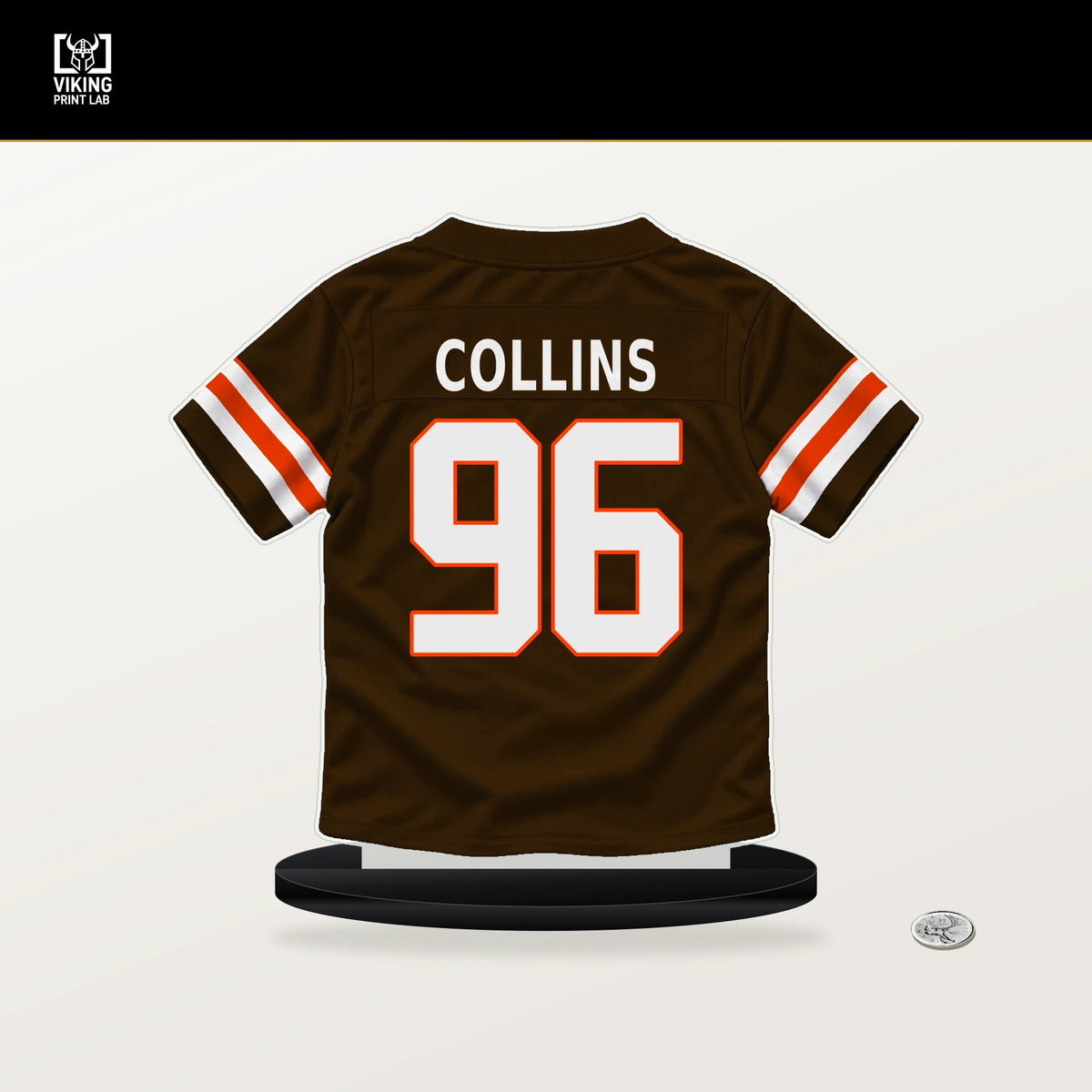 Maliek Collins number 96 Cleveland Browns jersey stand with included black base.
